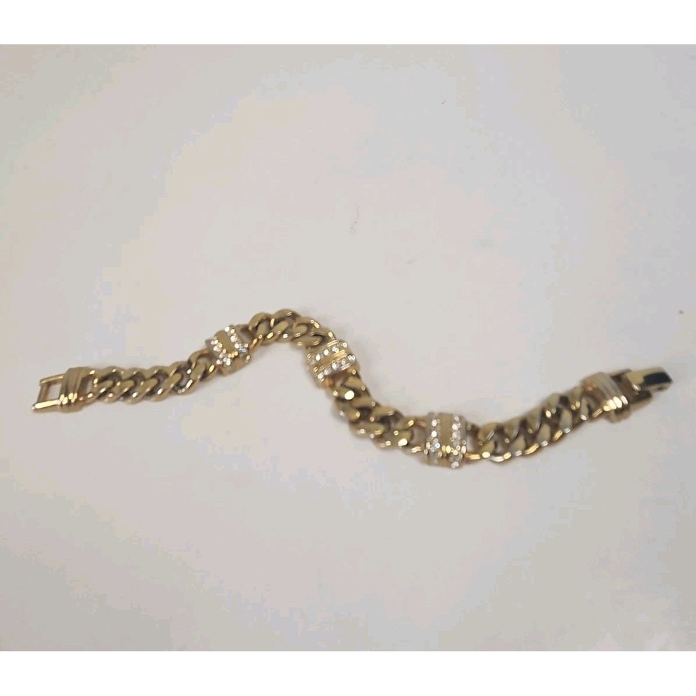 Vintage SAL Swarovski Gold Tone Curb Link Bracelet With 3 Crystal Stations 7.5"